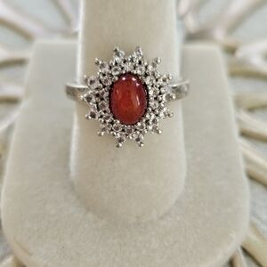 Fire Opal & White Sapphire Ring Set In 925 Silver Sz 7